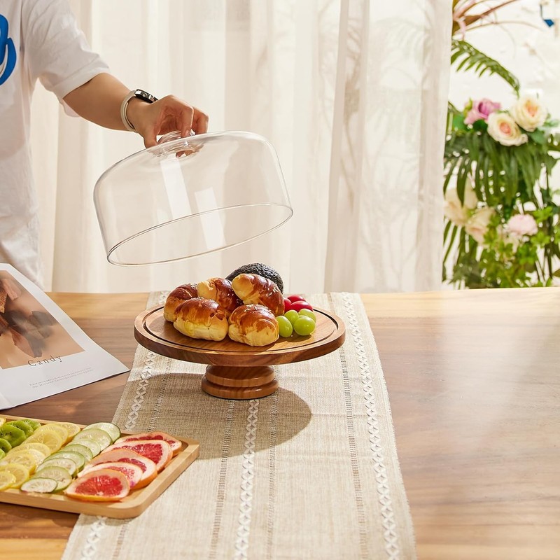 Glass Cake Stand W/ Lid,11in Wooden Rotating Cake Stand W/ Dome Cover Cake Plate gallery