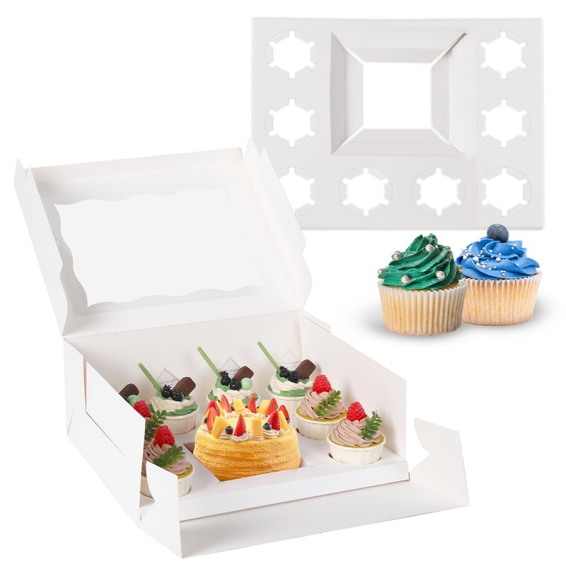 9 Holes Fit 8 Cupcakes and 1 Mini Cake Box Combo,8 sets of Cake Boxes, Pastry…