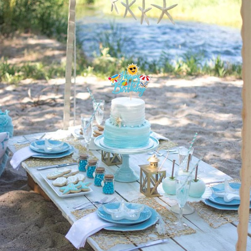 1 PCS Summer Beach Happy Birthday Cake Topper Glitter Ball Sun Umbrella Water Gu gallery