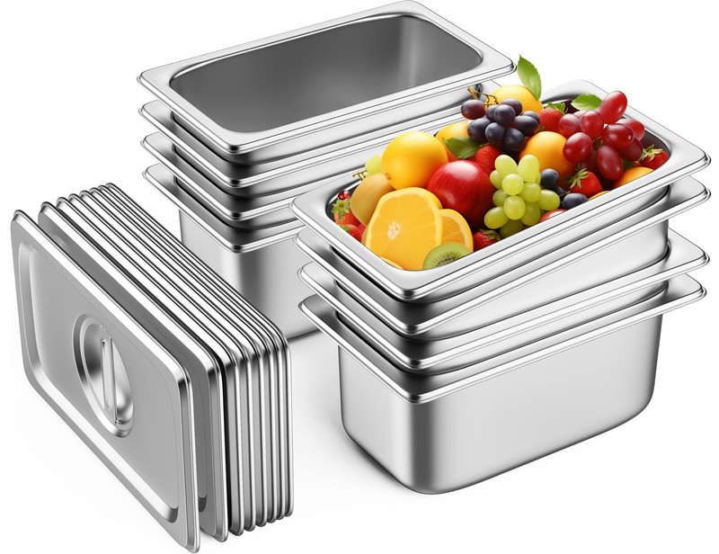 8 Pack Hotel Pans with Lids, 1/4 Size 6″ Deep Stainless Steel Steam Table Pan…