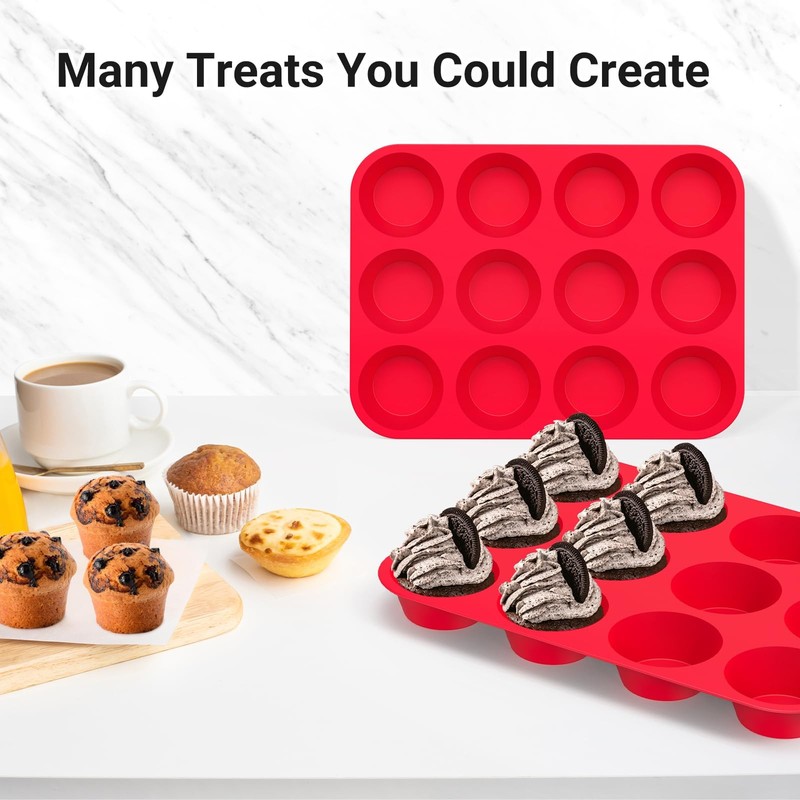 Redfly 2 Pack Silicone Muffin Pan & Cupcake Pans 2pcs: 12-Cup Regular, Red gallery