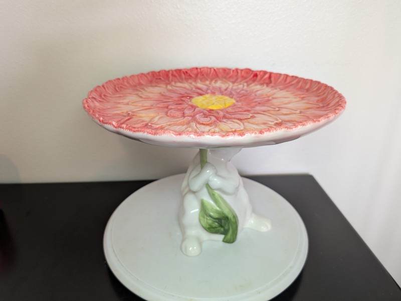 Pier 1 Bunny Rabbit w/Poppy Flower Cake Stand 8" Tall gallery
