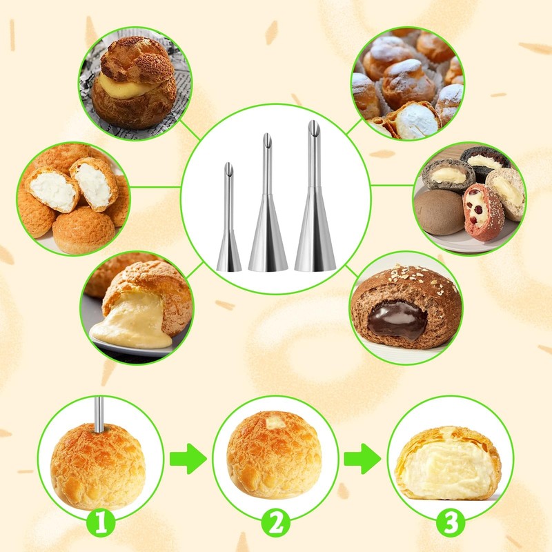 3 Pcs Puff Cream Filling Piping Tips Kit Stainless Steel Long Icing Piping No... gallery