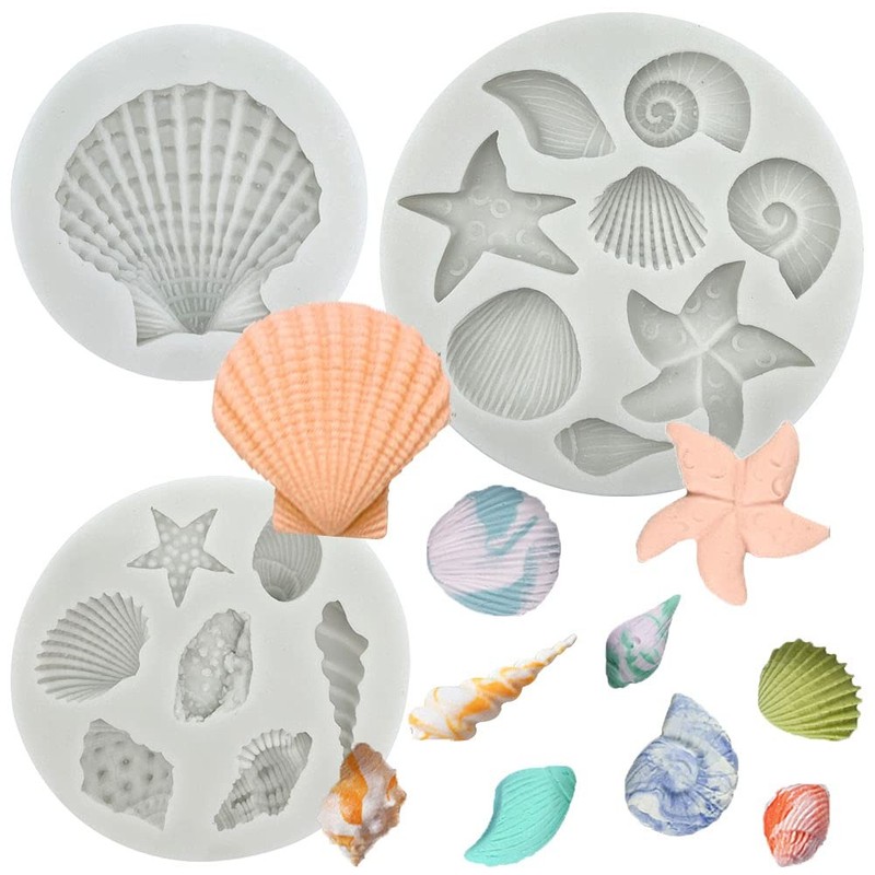 3 PCS Marine Theme Cake Fondant Silicone Mold Seashell Conch Starfish Coral B…