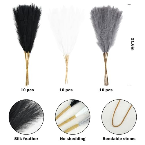 pcs Black Faux Pampas Grass Tall, 21.6in Artificial 30 Black & White & Gray gallery