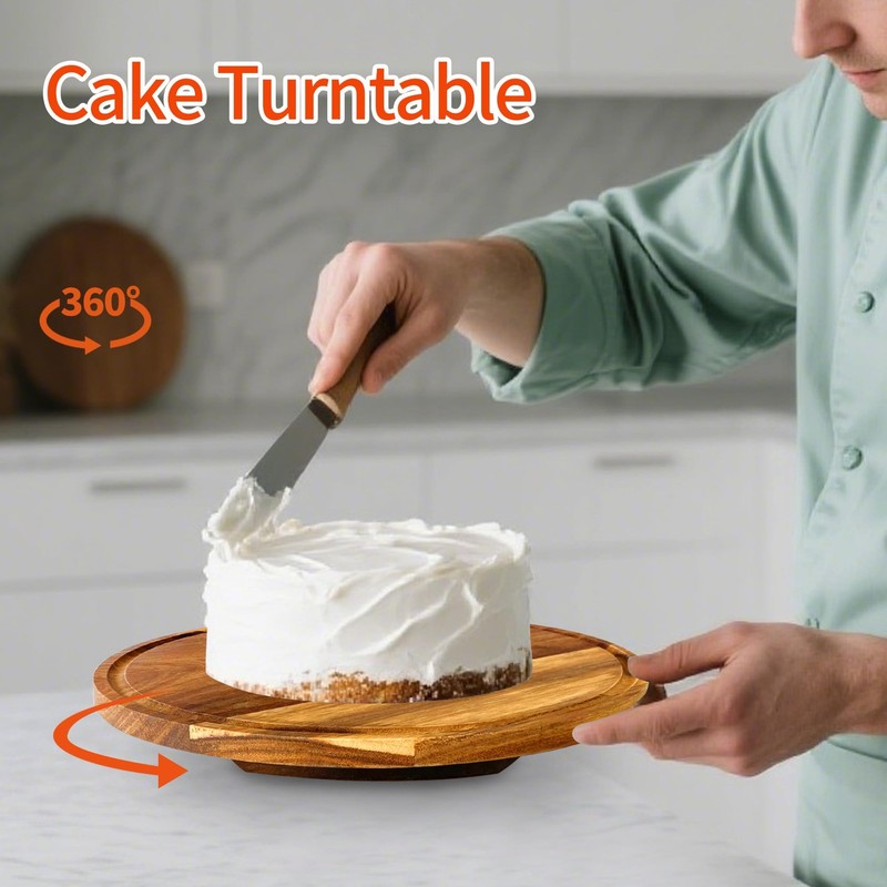 Rotating-Wood-Cake-Stand With Acrylic Dome Lid, Round Wooden Cake Holder Plat... gallery