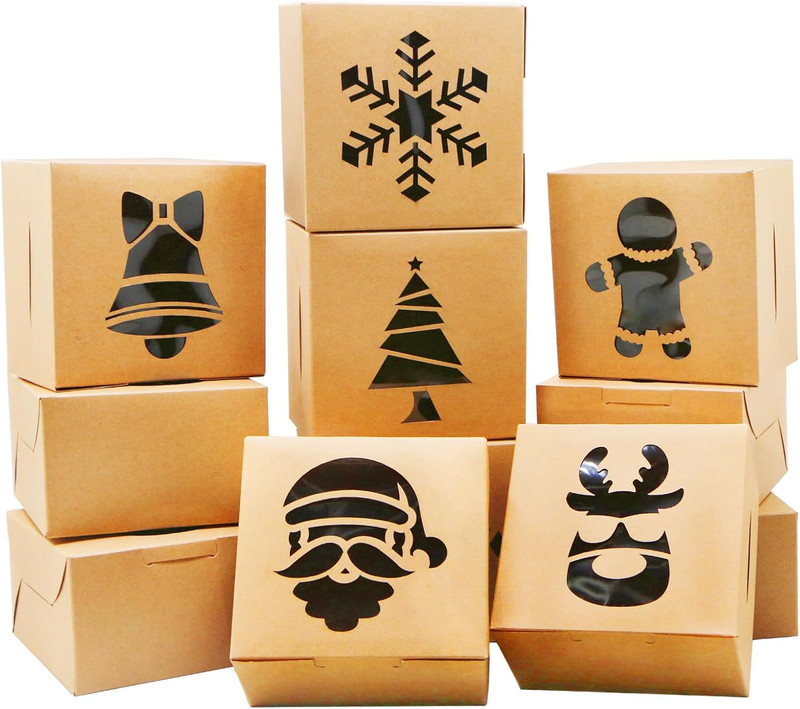 36 PCS Christmas Cookie Boxes for Gift Giving, Brown Bakery Treat Boxes for Past