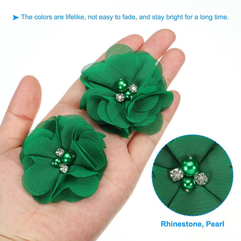 10Pcs 2" Chiffon Flowers with Rhinestone Pearl Appliques Embellishments Green gallery