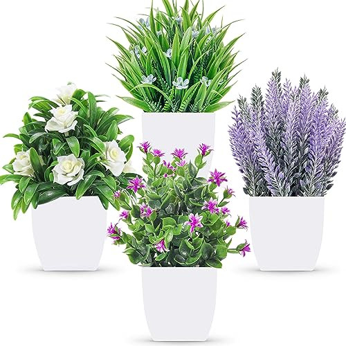4 Pack Fake Plants Small Artificial Potted Faux Plants with Flowers for White