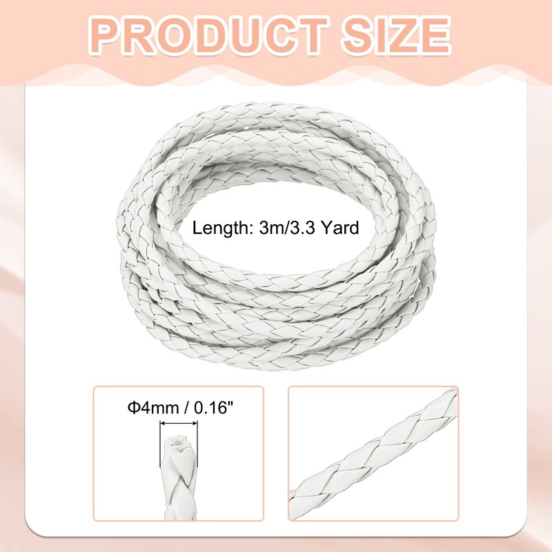 Braided Leather Cords, 3.3 Yard Strap with Cord Lock, 4mm Dia, White gallery