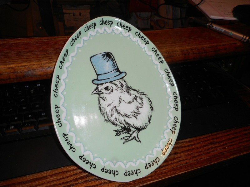 Grace Porcelain 8 3/4" Oval Plate Cheep Grumpy Baby Chick Green w/ Top Hat gallery