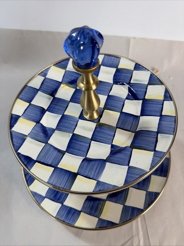 MacKenzie Childs Royal Blue Check Enamel Two Tier Sweet Stand - Very Good gallery