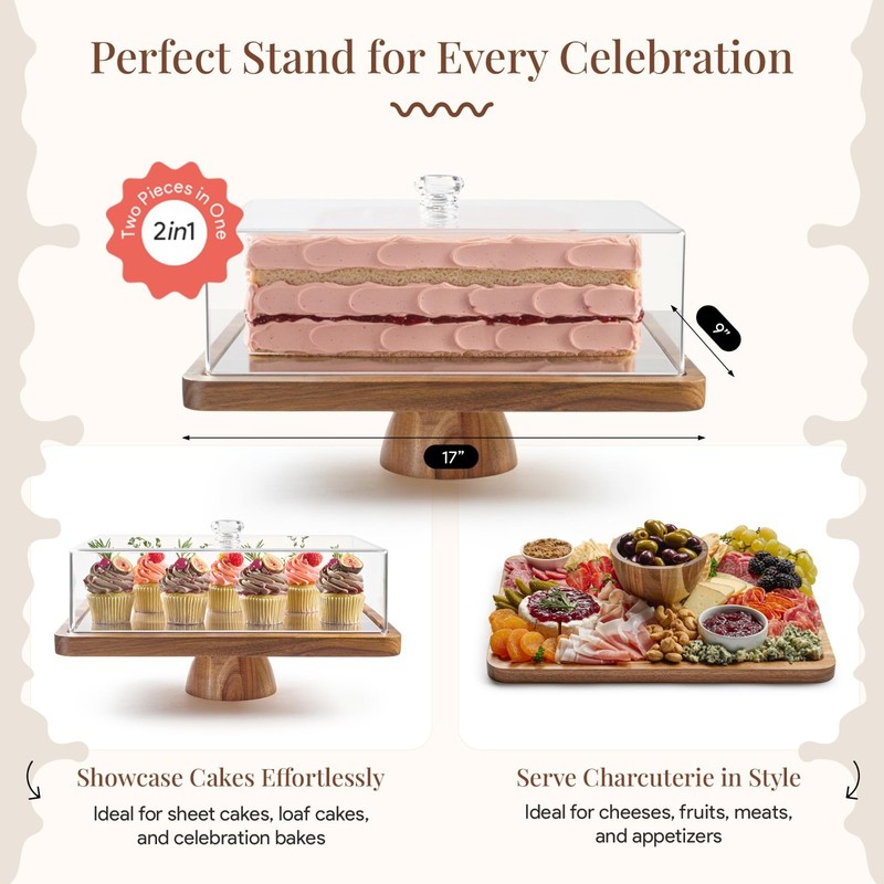 Acacia Wood Cake Stand with Lid - 2-in-1 Dessert Display & Charcuterie Board, La gallery