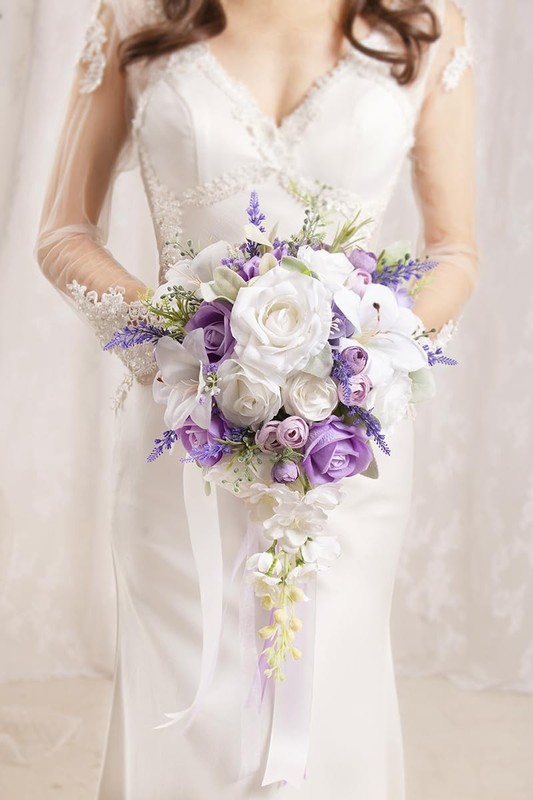 Floinla Bridal Bouquet Cascading Lilac Wedding Bouquets For Bride Bridesmaid 10 gallery
