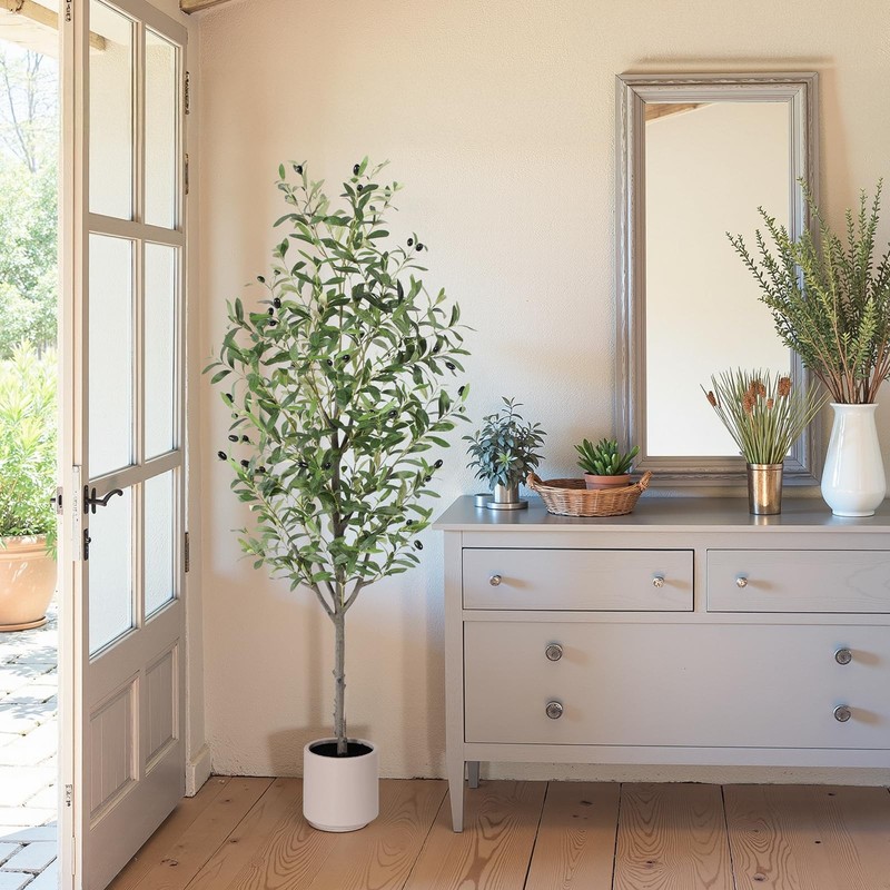 Aqugq Olive Tree Artificial Indoor 5Ft Tall Silk Faux Olive Tree White Planter gallery