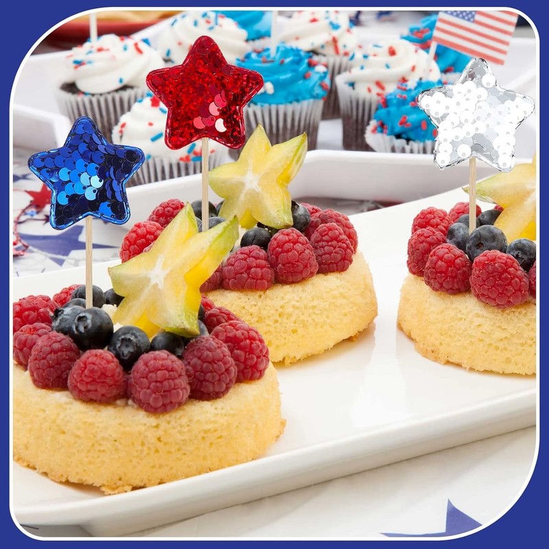 120 Pcs Glitter Star 4th of July Cupcake Toppers Patriotic Cupcake Picks Blue gallery