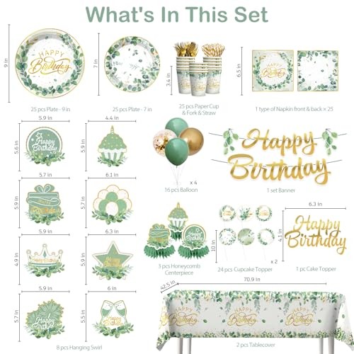 213 Pcs Sage Green Birthday Decorations Plates and Napkins Set, Gold 25 Guests gallery