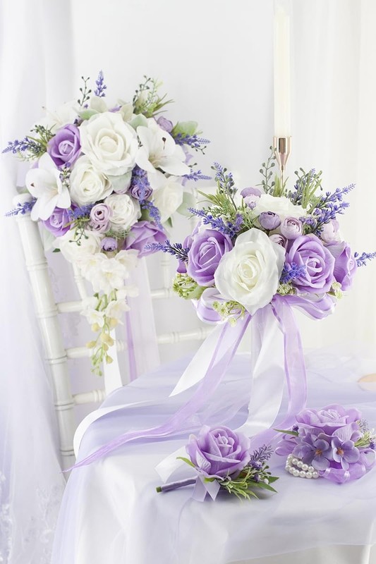 Floinla Bridal Bouquet Cascading Lilac Wedding Bouquets For Bride Bridesmaid 10 gallery