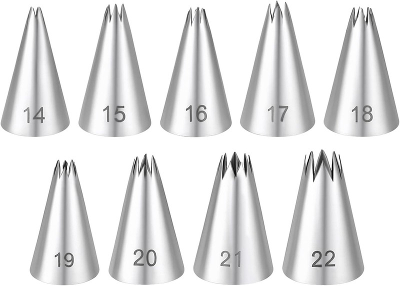 Stainless Steel Star Piping Tips Set, 9 Piece French Star Tube Frosting Nozzle