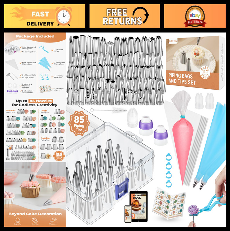 140Pcs Icing Piping Bags & Tips Set – 78 Icing Tips, 7 Russian Tips, 42 Pastry B