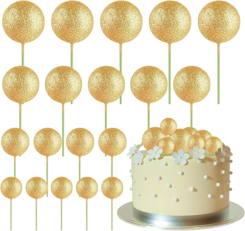20 Pcs Mini Balloons Cake Topper Sticks – Glitter Gold Ball Picks for Christmas