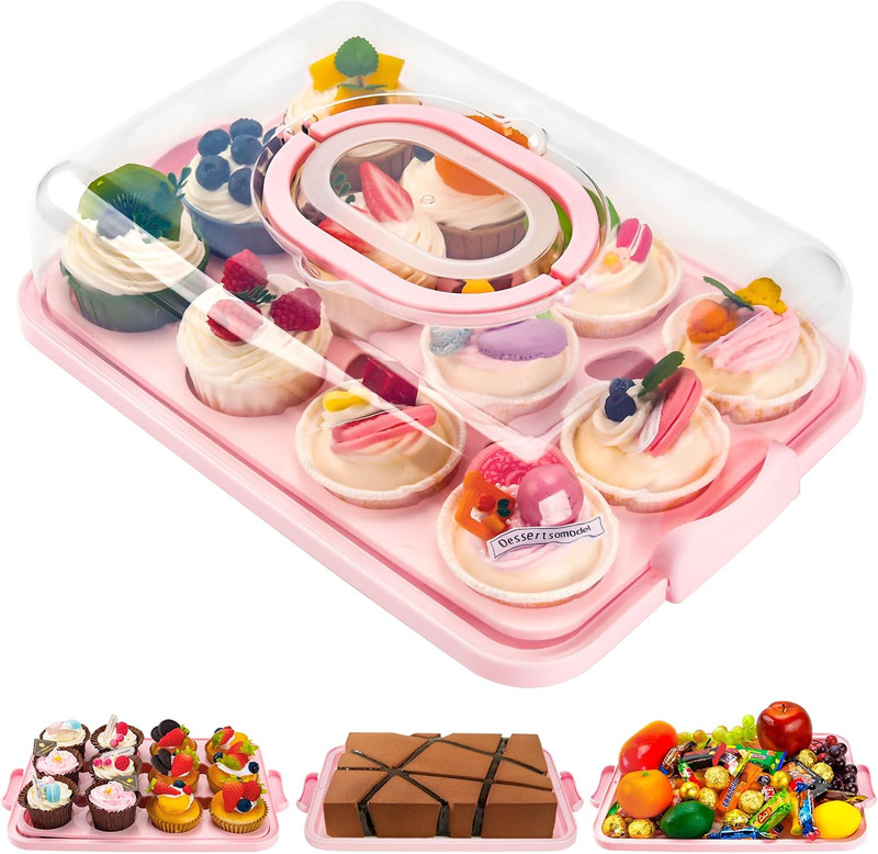 Cupcake Containers with Lid Rectangular Cake Carrier 3-In-1 Multipurpose Cupcake