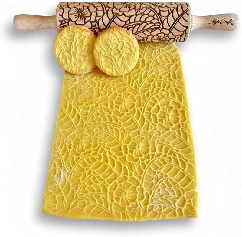 DOILY Embossing Rolling Pin with Flowers Pattern. Dough and Clay Roller for Embo