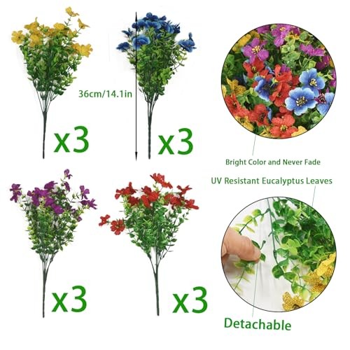 Artificial Flowers for Outdoor, 12 Bundle UV Resistant Yellow+purple+blue+red gallery