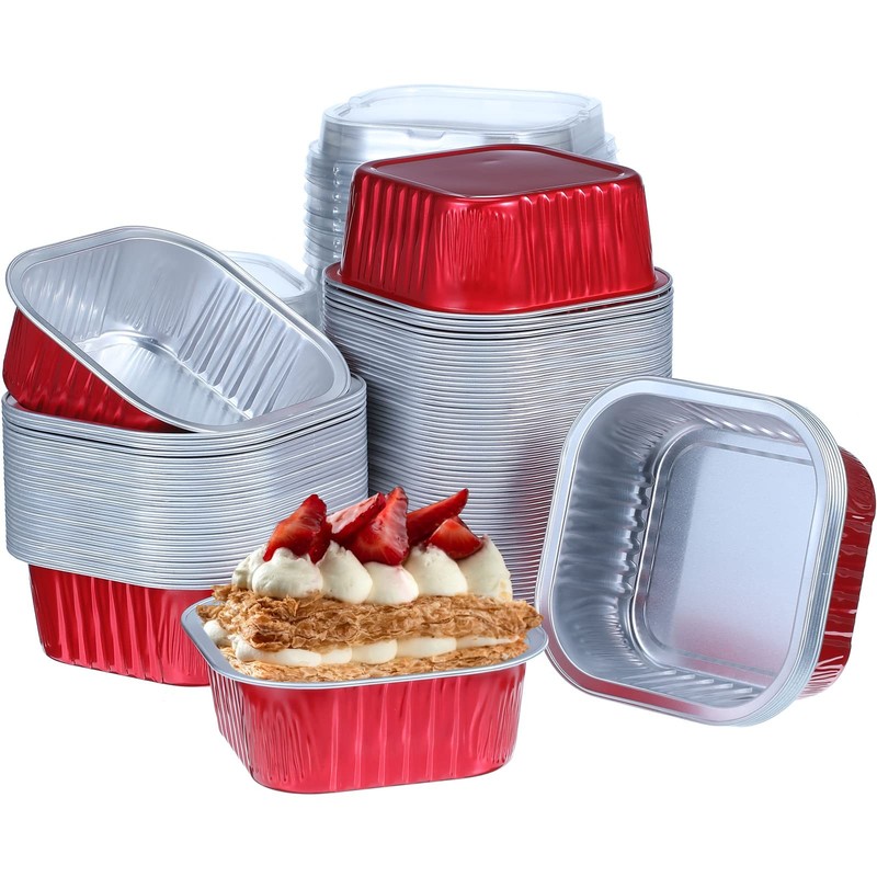 100 Pcs Aluminum Foil Baking Cups, 10 oz Disposable Ramekins with Lids, Squar…