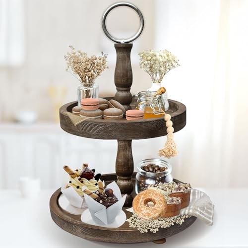 Premium Rustic Round 2 Tier Tray Stand – 12.6″ 2-tier Brown (Classic Edition)