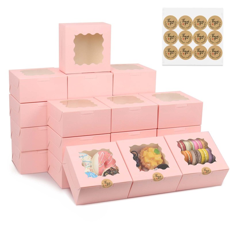 50pcs 6x6x3 Inches Bakery Boxes with Window Pink Cookie Boxes for Gift Giving