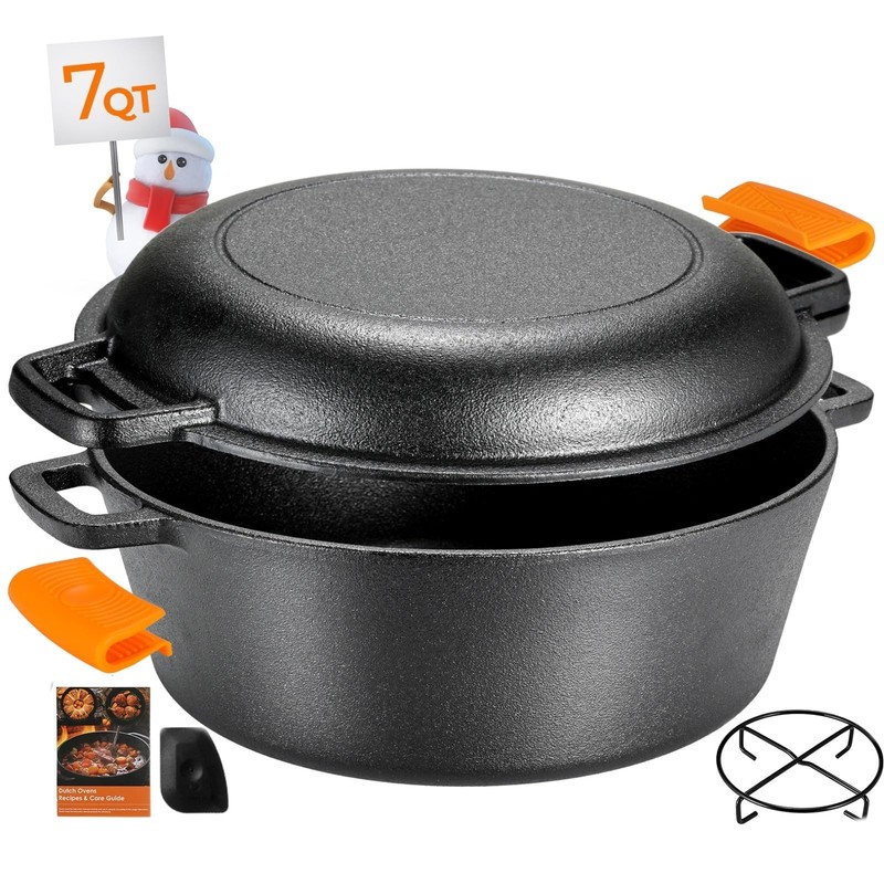 TLGREEN Cast Iron Dutch Oven Pot with Lid, Pot (5.1QT) and Lid as a Skillet(1…