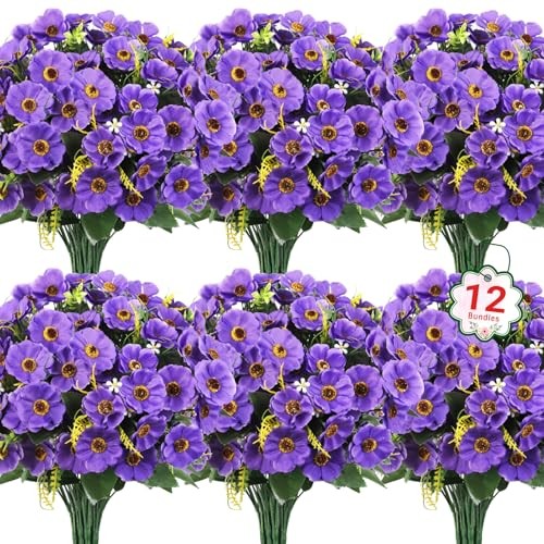 12 Bundles Artificial Flowers for Outdoors Decoration, Fake Daisy Silk Purple