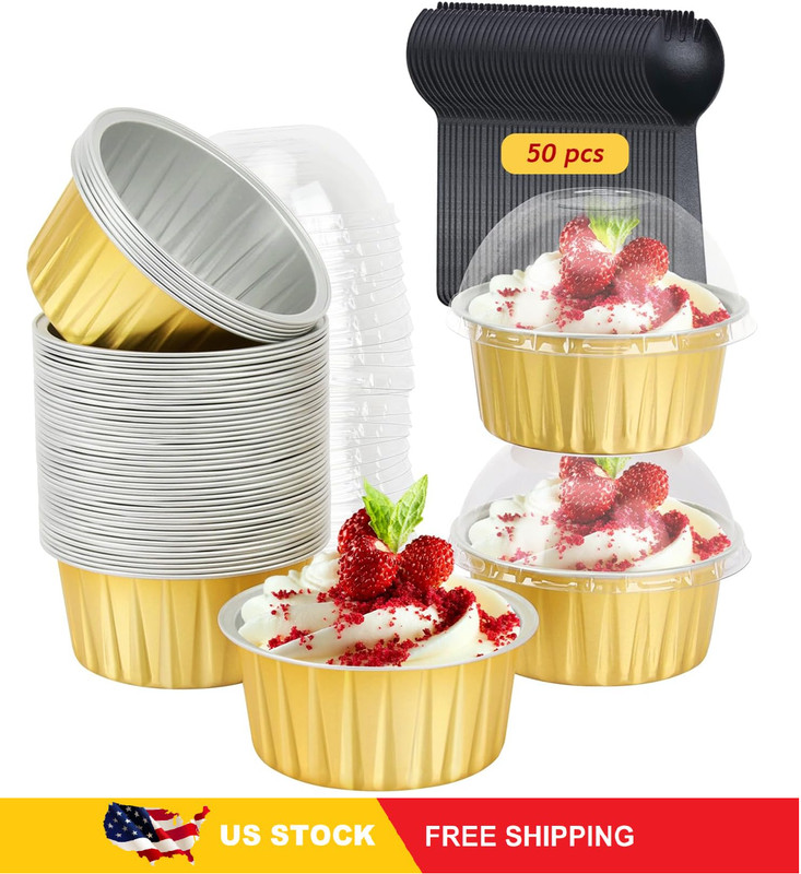 Aluminum Cupcake Liners with Dome Lids 50 Pack,Free-Air 5oz Foil Baking Cup Gold