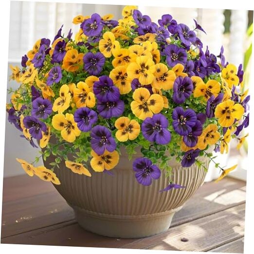Pcs Artificial Fake Pansy Flowers for Outdoor, Faux UV 18 Yellow,purple