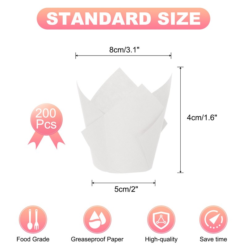 200Pcs Tulip Baking Cups Cupcake Muffins Liners Paper Greaseproof Wrappers,White gallery