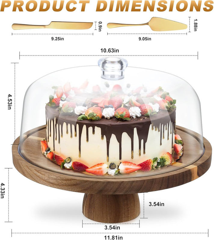 Acacia Wood Cake Stand with Lid, 12'' round Cake Holder with Clear Acrylic Cover gallery