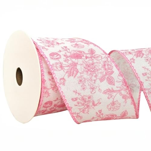 Pink Floral Wired Ribbon 2.5 Inch Chinoiserie Vintage Flower Pink Flower gallery