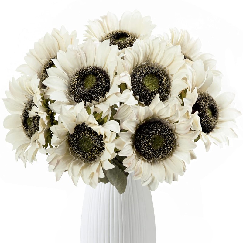 Hawesome Cream White Sunflowers Artificial Flowers 7 Pcs Faux Silk