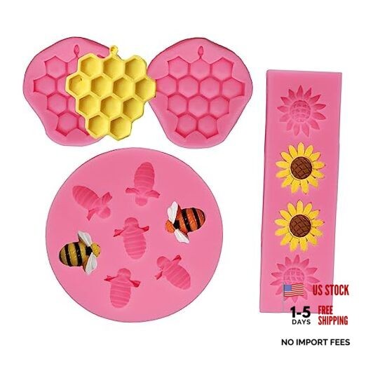 4 Pcs Bumble Bee Silicone Mold Honeycomb Sunflower and Bee Fondant Molds Pink