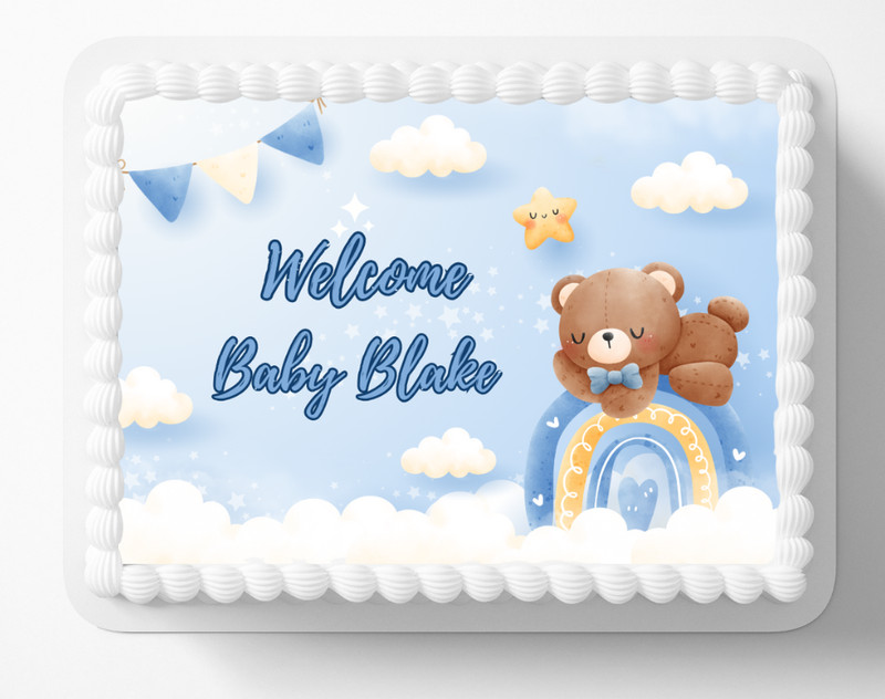 Customized Blue Baby Bear Edible Image Birthday Baby Shower Edible Cake Topper