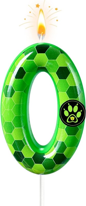 Green Number 0 Candle, Gradient Hexagon Design with Paw Print Detail, Wax Cake
