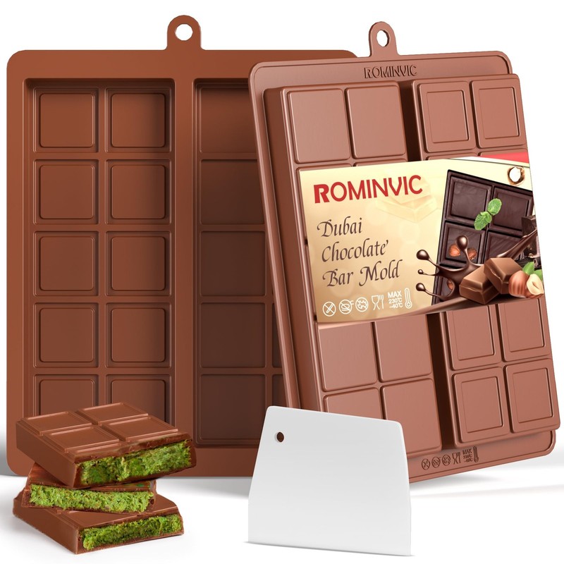 Chocolate Bar Mold,2 Pack 2 in 1 Dubai Chocolate Molds and Scraper for Stuffe…