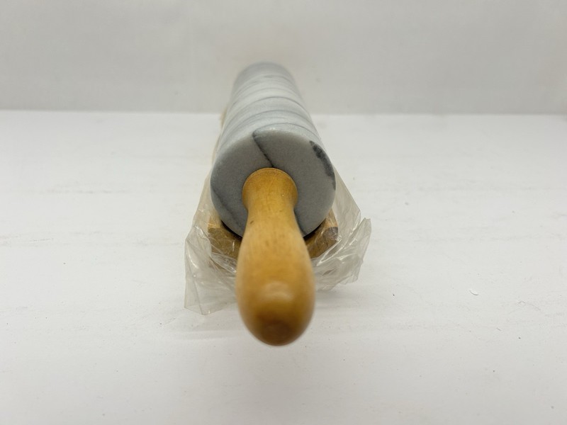 Vintage Gourmet Kitchen Marble Rolling Pin Gray Marbled Wood Handles & Cradle gallery