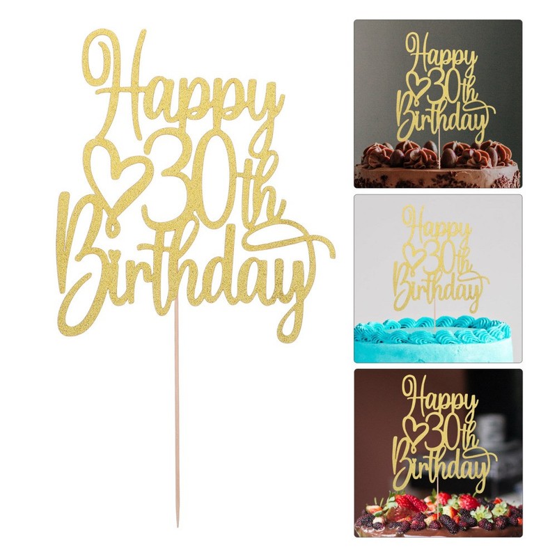 10pcs Golden Paper Birthday Cake Topper Decorations for 30th Birthday Party