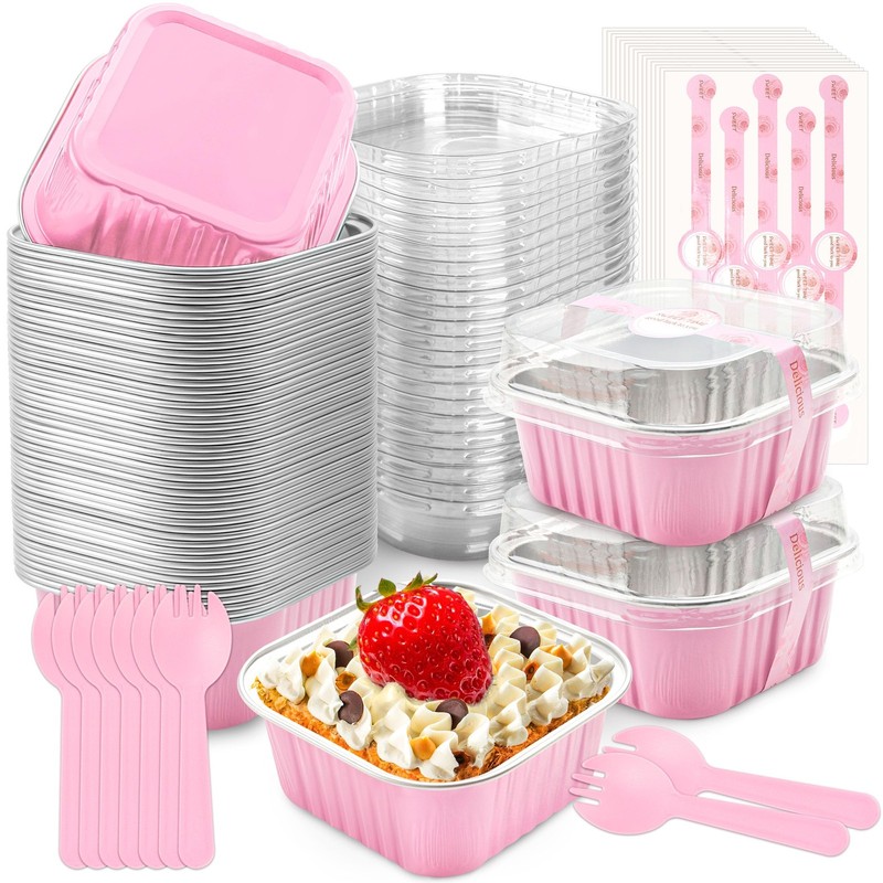 50 Pcs Mini Cake Pans with Lids and Spoons Aluminum Foil Mini Square Baking C…