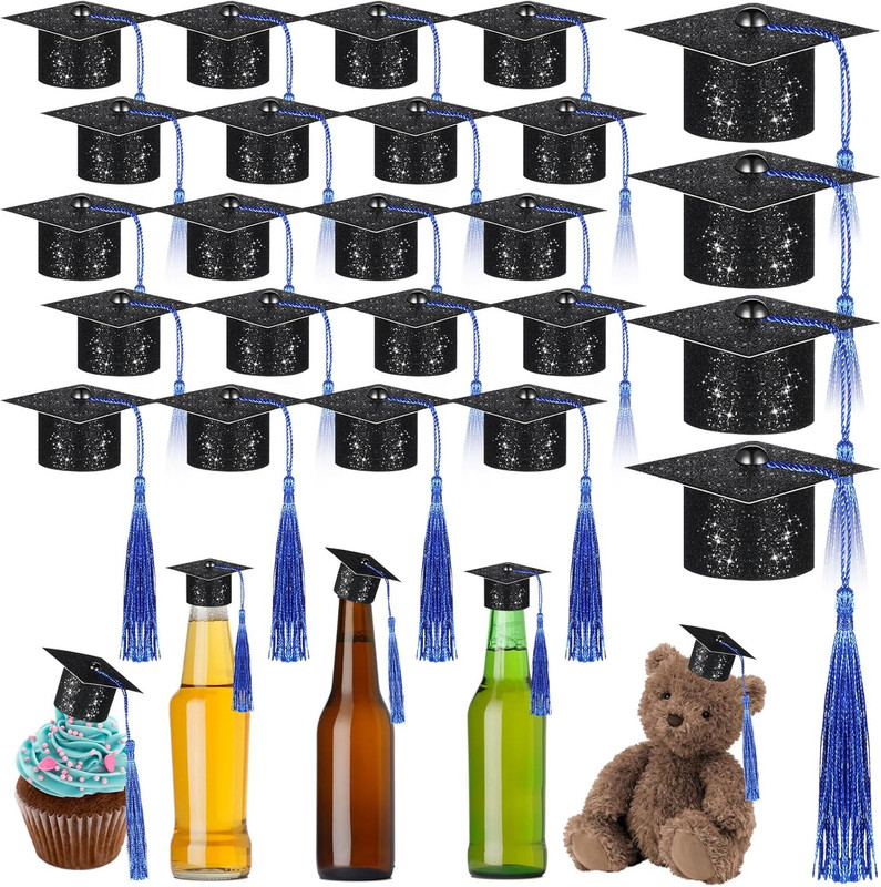 24 Pieces 2026 Mini Graduation Cap with Tassels Wine Bottle Topper Glitter Small
