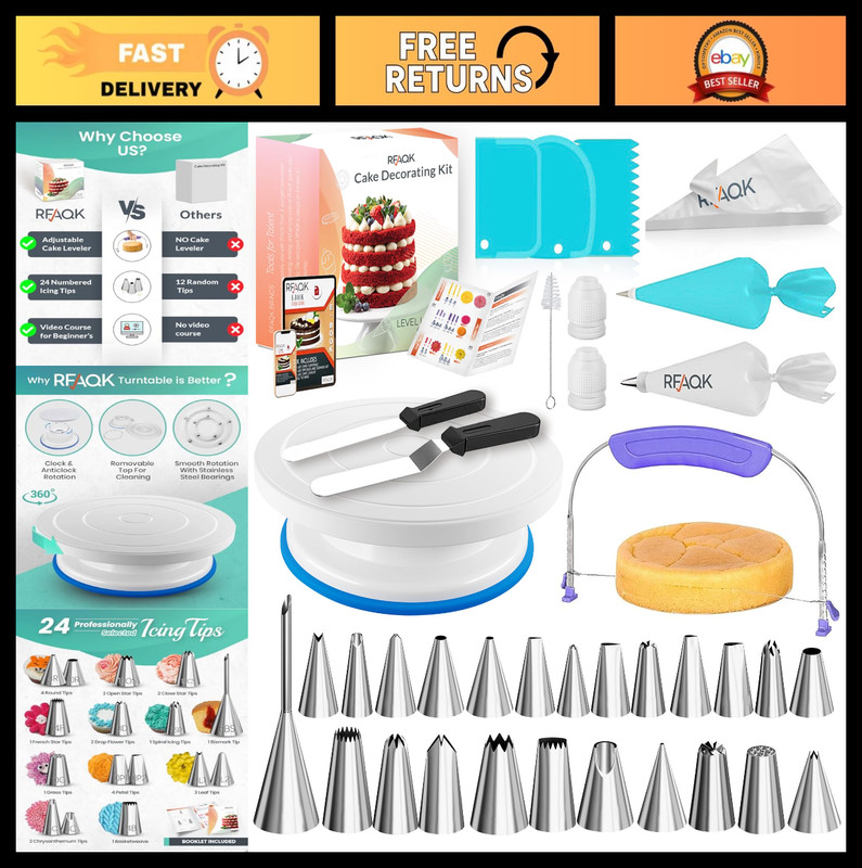 90PC Cake Decorating Kit – Leveler, Turntable, 24 Icing Tips, Piping Bags & More