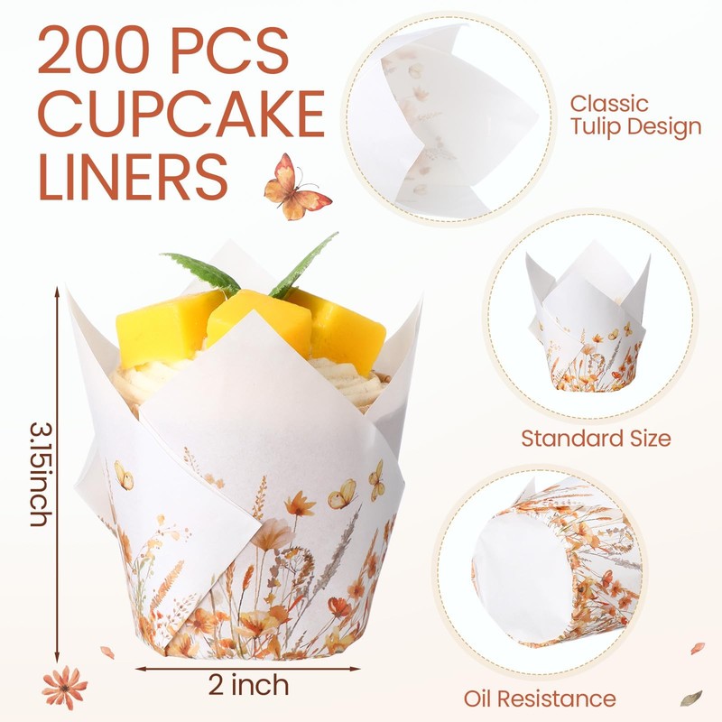 200 PCS Fall Floral Tulip Cupcake Liners Autumn Wildflower Muffin Cups gallery
