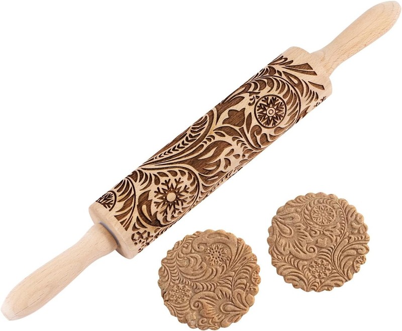 Embossed Wooden Rolling Pin Deep Engraved Snowflake Flower Design for Baking